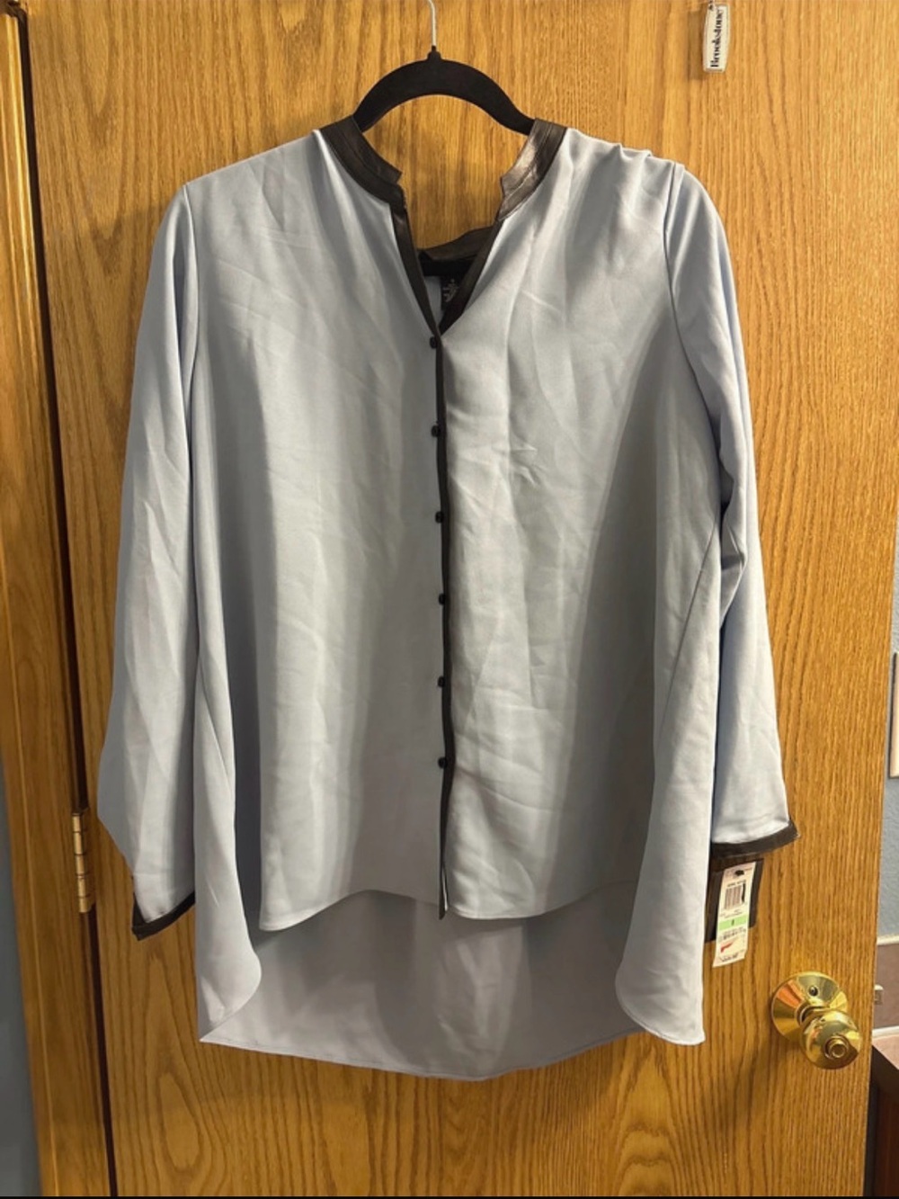 Alfani Pale Blue Button-Front Blouse with Black Trim